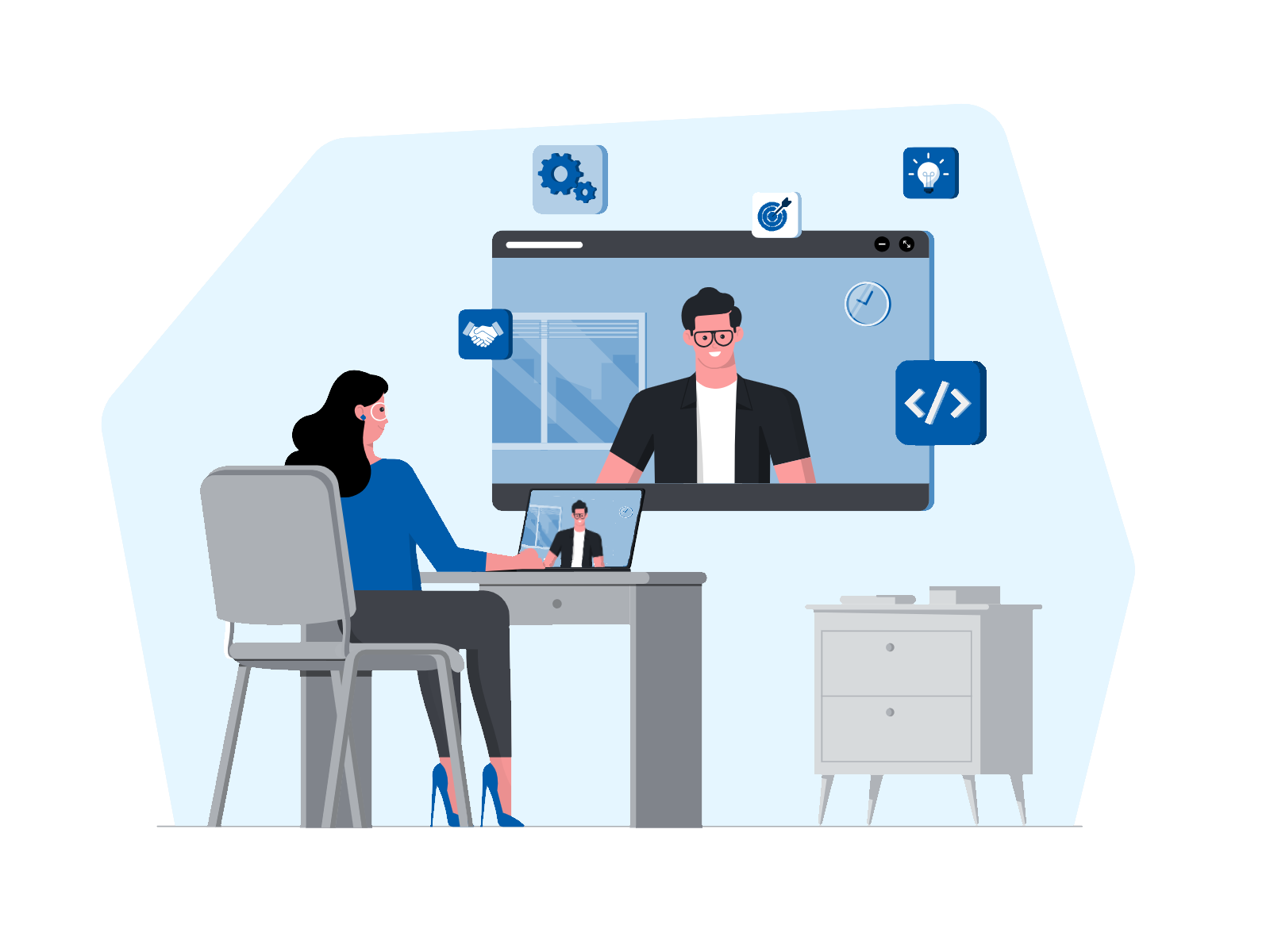 illustration of a businesswoman editing a video on a laptop