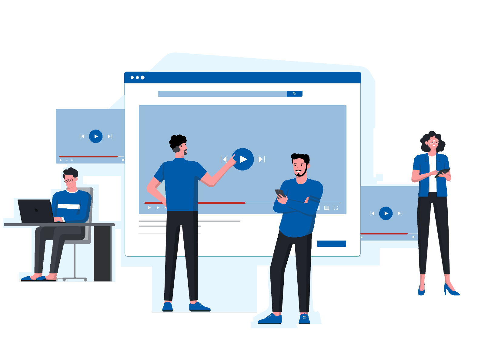 illustration of multiple people on a variety of devices (phone, touchscreen, laptop) looking at videos