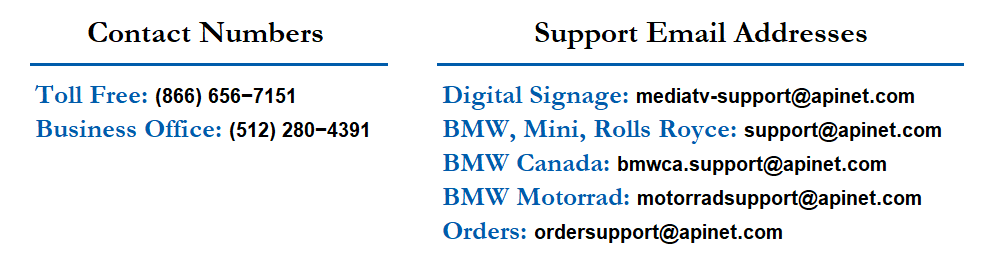 contact numbers and support email addresses