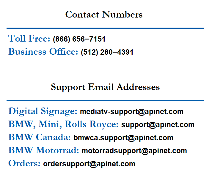 contact numbers and support email addresses