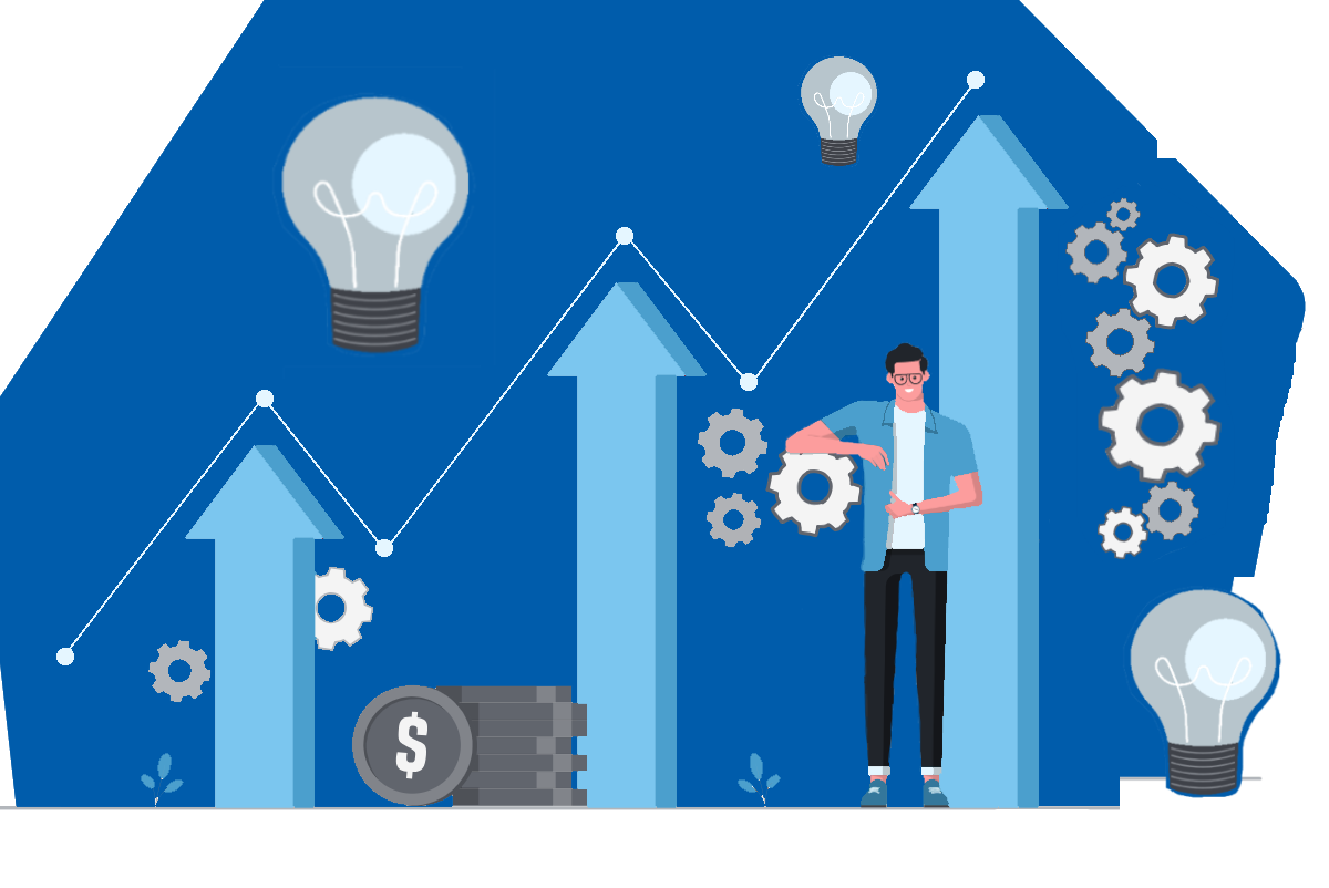 a successful man surrounded by lightbulbs, churning gears, upward climbing graphs, arrows and large stacks of money