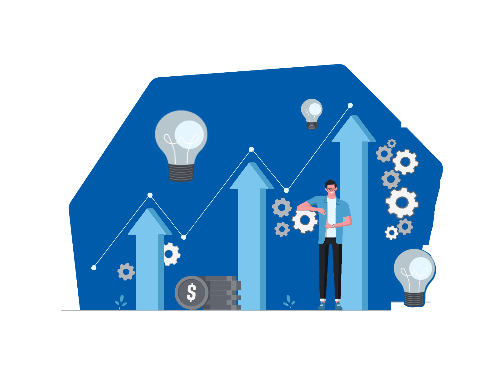 an illustration of a man directing a thumbs up to the viewer, surrounded by large upward facing arrows, sets of gears, and lightbulbs