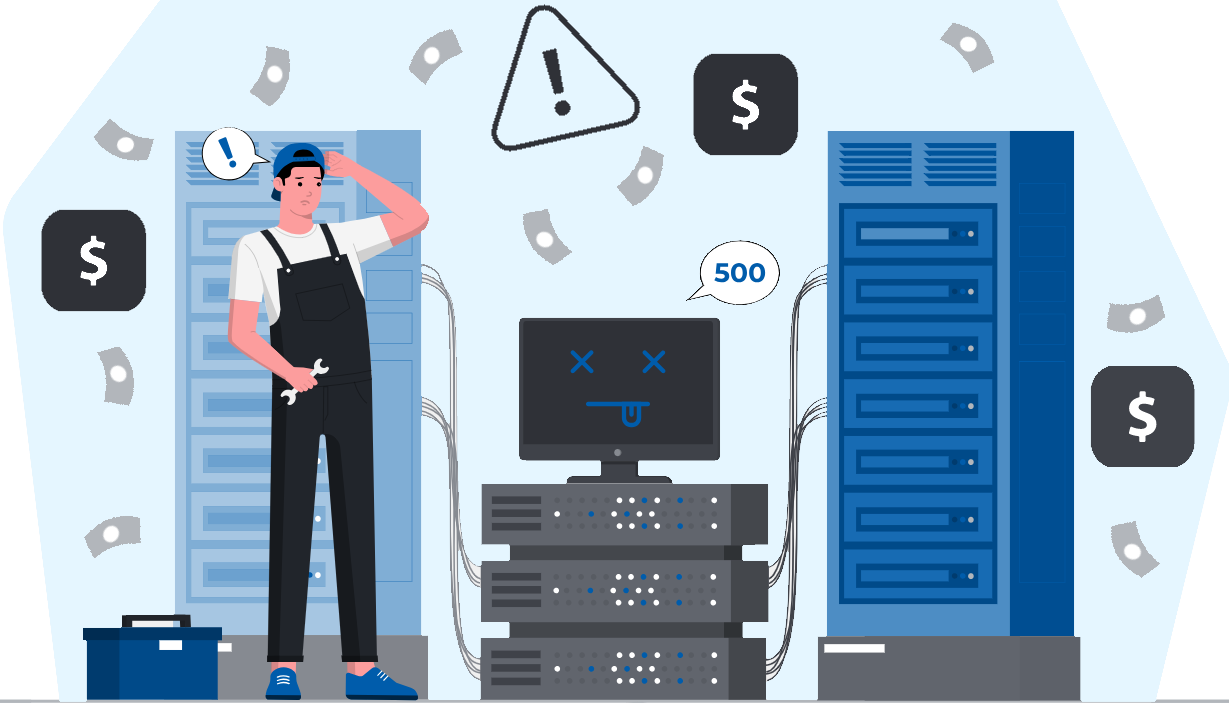 A confused technician surrounded by broken machinery throwing error messages and bleeding money