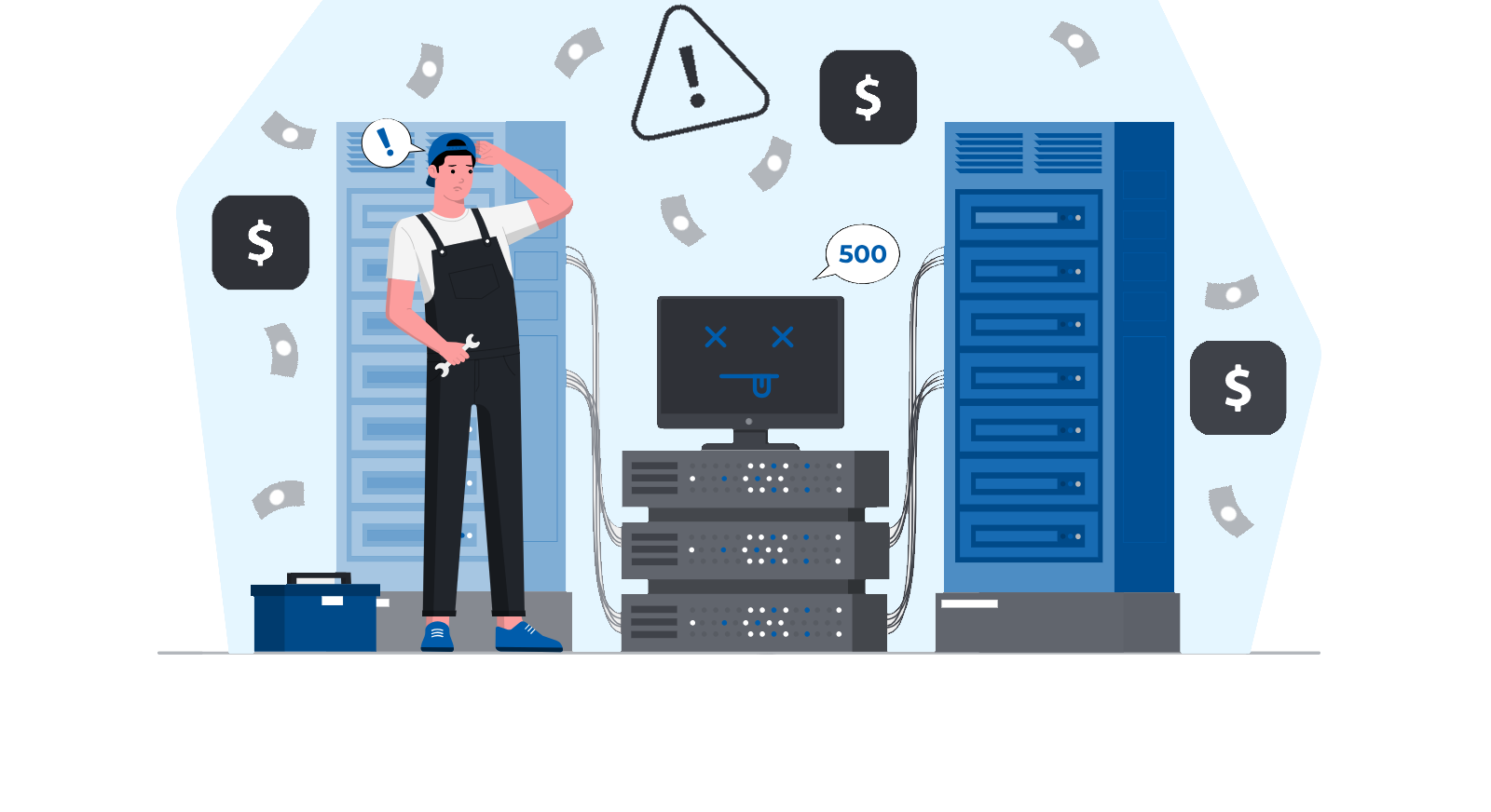 illustration of a confused looking technician surrounded by broken servers and other machinery, money raining down around him