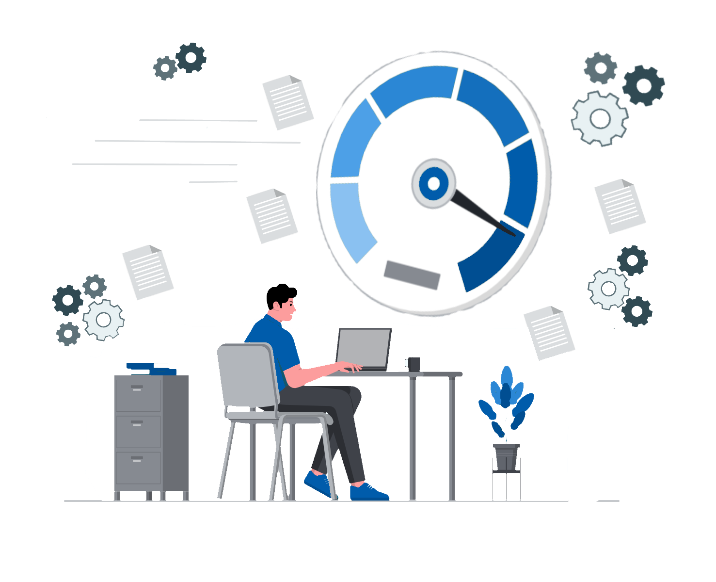 an illustration of a person working on a laptop, surrounded by gears as papers fly around him, while overhead a speedometer pushes up towards its limit