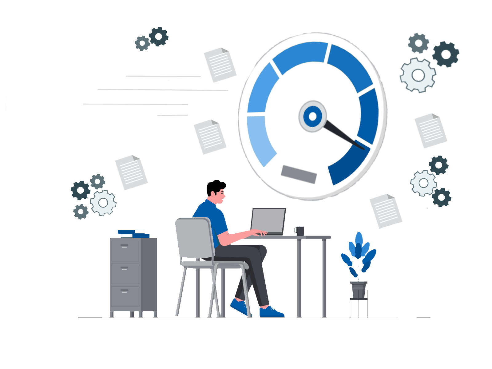 an illustration of a person working on a laptop, surrounded by gears as papers fly around him, while overhead a speedometer pushes up towards its limit